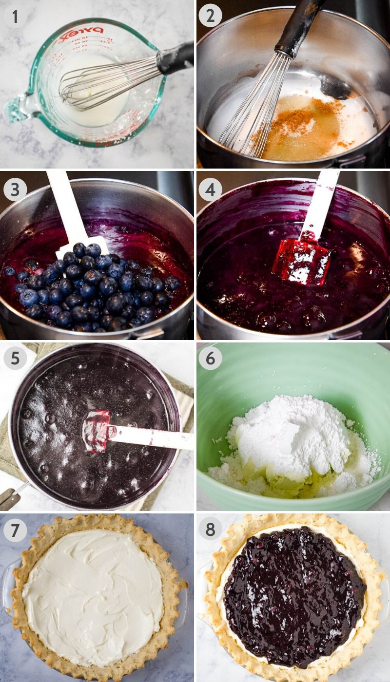 8 steps for how to make blueberry cream cheese pie, including whisking corn starch and water, then mixing with lemon juice, sugar, and cinnamon in saucepan; adding blueberry purée and whole blueberries to saucepan, cooking blueberry pie filling in saucepan 'til thickened; cooling pie filling; cream cheese and powdered sugar in green mixing bowl; cream cheese filling in pie crust, and blueberry pie filling on top of cream cheese filling in pie plate