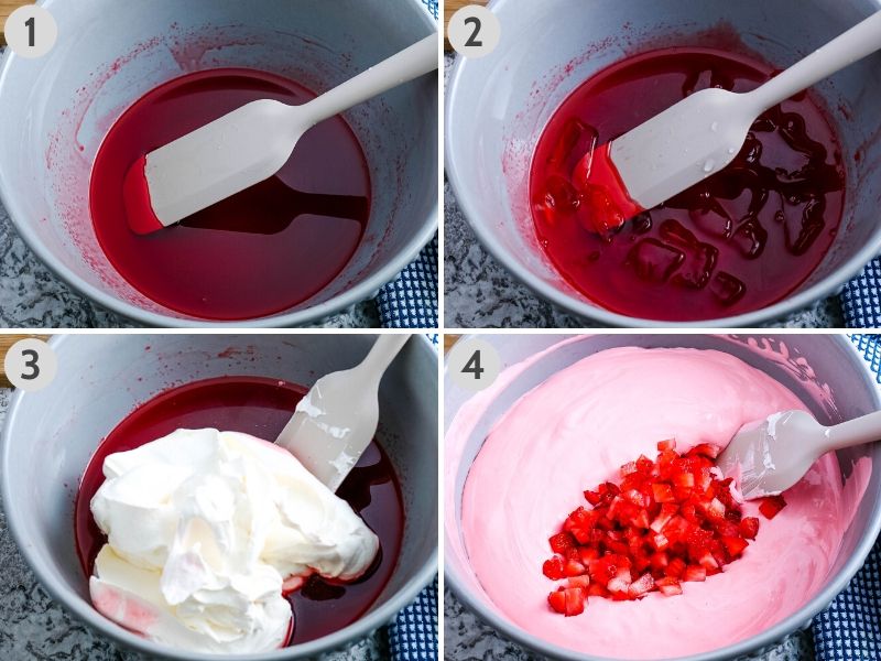 mixing gelatin with boiling water, cold water and ice cubes, Cool Whip, and chopped strawberries in large gray mixing bowl to make no bake strawberry pie