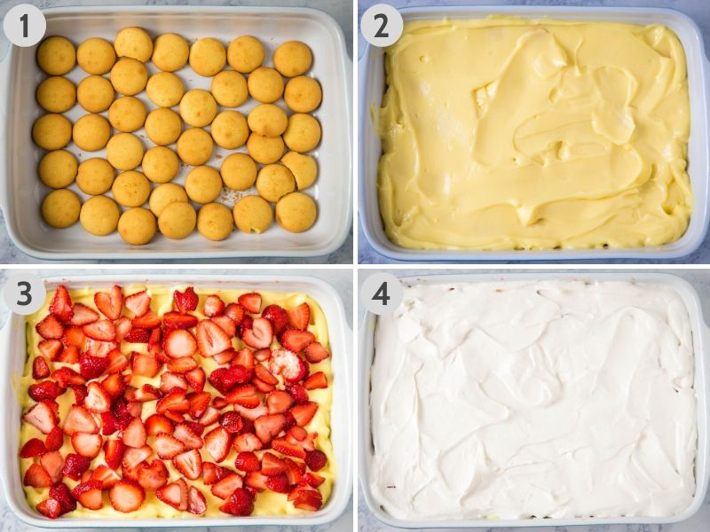 making strawberry layered dessert by layering vanilla wafers in 9x13 baking dish, then vanilla pudding, then fresh sliced strawberries, then Dream Whip cream cheese layer