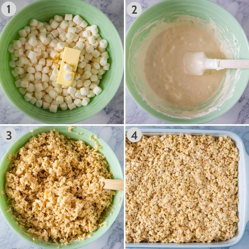 steps for how to make microwave Rice Krispie treats from scratch, including mixing butter and marshmallows in mint green microwave safe bowl, stirring melted marshmallows until smooth, stirring cereal into marshmallow mixture, and lightly pressing marshmallow treats into baking dish