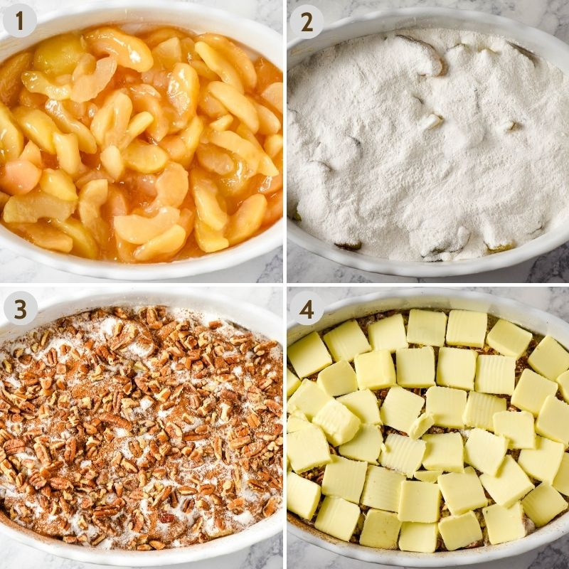 steps for how to make caramel apple dump cake, including apple pie filling in oval white baking dish, then cake mix on top of apples, cinnamon and chopped pecans sprinkled over cake mix, and slices of butter on the top
