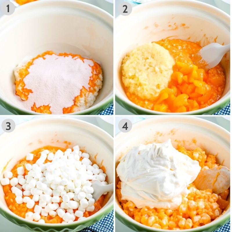 steps for how to make orange Jello salad in large green bowl, including adding cottage cheese and Jello mix, then adding crushed pineapple and mandarin oranges, then stirring in mini marshmallows, and then folding in whipped cream