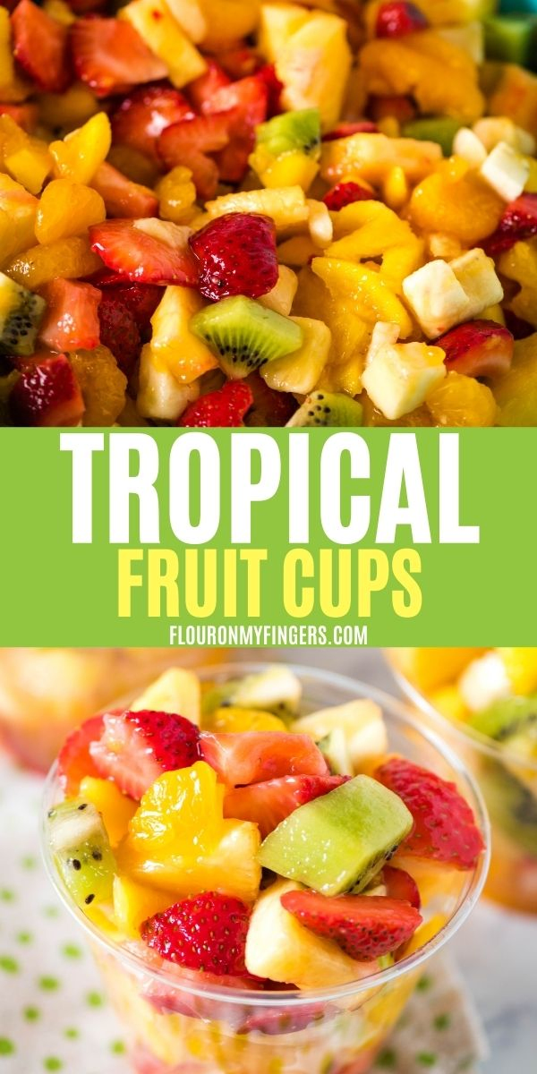 double image of tropical fruit cups, including top image of homemade tropical fruit salad and bottom image of homemade tropical fruit cup in small disposable plastic cup