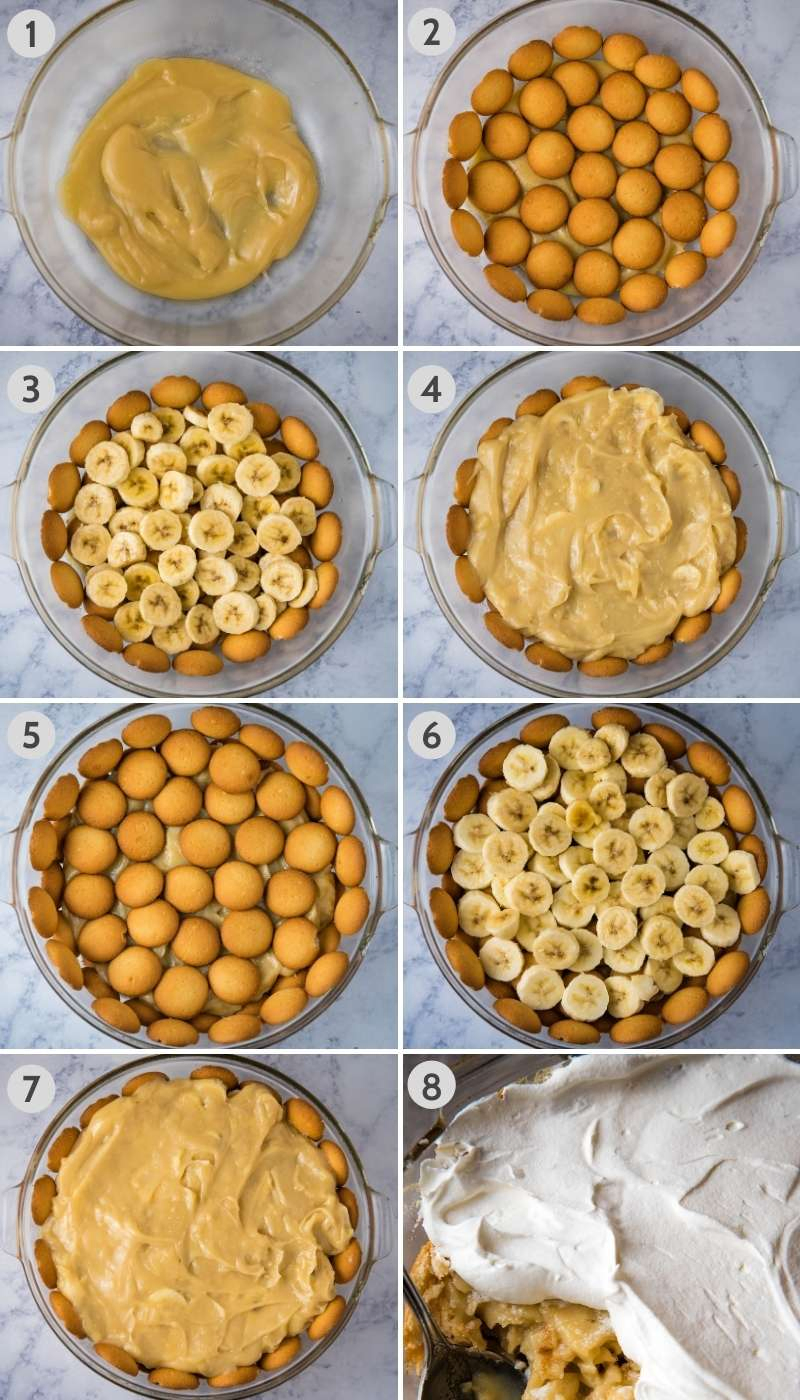 steps for how to layer banana pudding, including adding small amount of pudding, then vanilla wafers, then sliced bananas, then more pudding, vanilla wafers, bananas, more pudding, and whipped cream on top