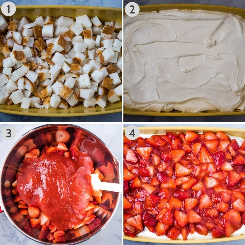 steps for layering strawberry angel food cake dessert in yellow baking dish, including layering angel food cake cubes, spreading Dream Whip filling, mixing sauce and strawberries together, then spreading strawberry sauce layer on top