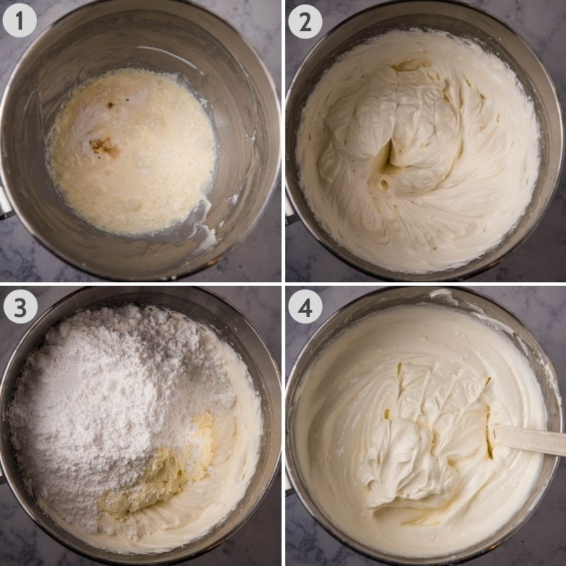 steps for making Dream Whip cream cheese filling in stainless KitchenAid mixing bowl