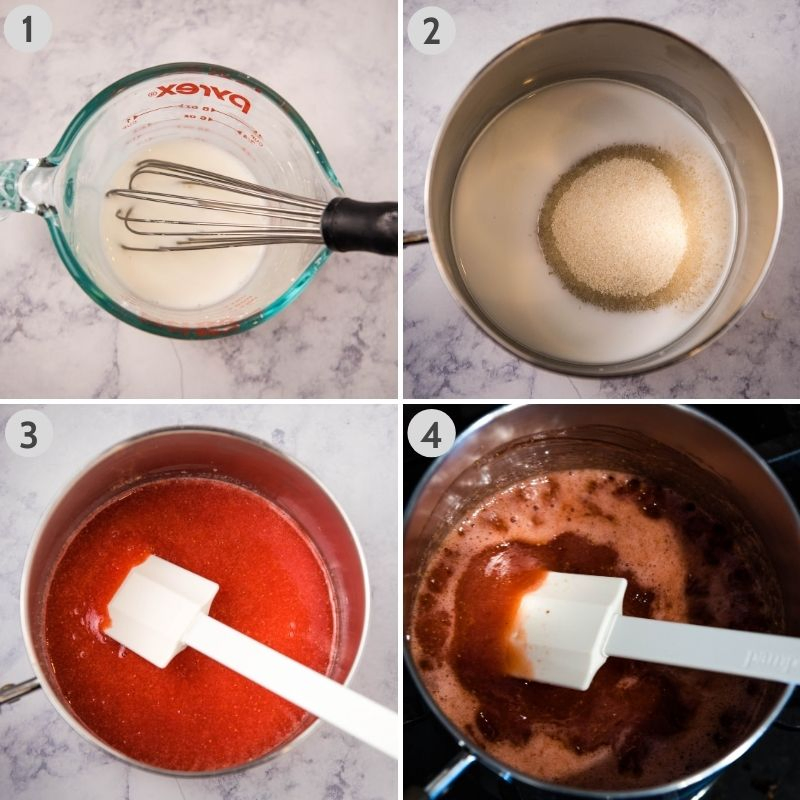 steps for making strawberry sauce, including mixing corn starch and water in Pyrex measuring cup, mixing corn starch mixture with sugar in KitchenAid mixing bowl, adding strawberry puree to sauce pan, and boiling strawberry sauce in sauce pan on stove