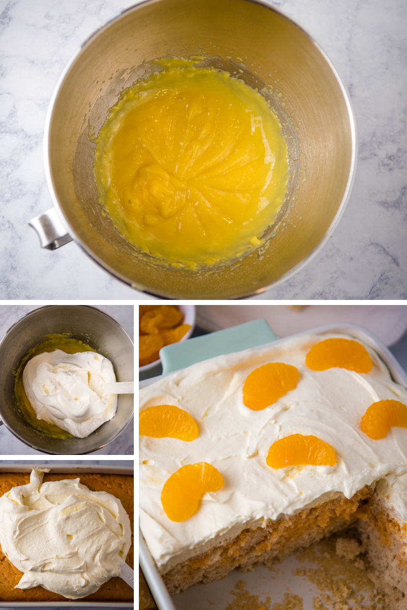mixing up whipped frosting for orange poke cake in stainless mixing bowl, folding in Cool Whip, and spreading frosting on cake, then adding slices of mandarin oranges to top of cake in mint green baking dish