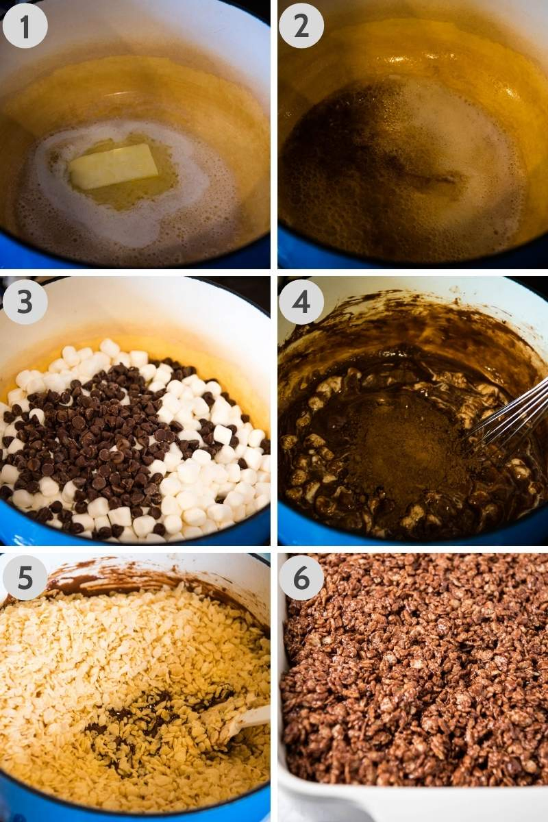 steps for making chocolate rice crispy cakes in blue Dutch oven on stovetop, steps including melting butter, adding vanilla extract, almond extract, and salt, melting mini marshmallows and chocolate chips, whisking in cocoa powder, adding crisp rice cereal, and spreading mixture into white baking dish