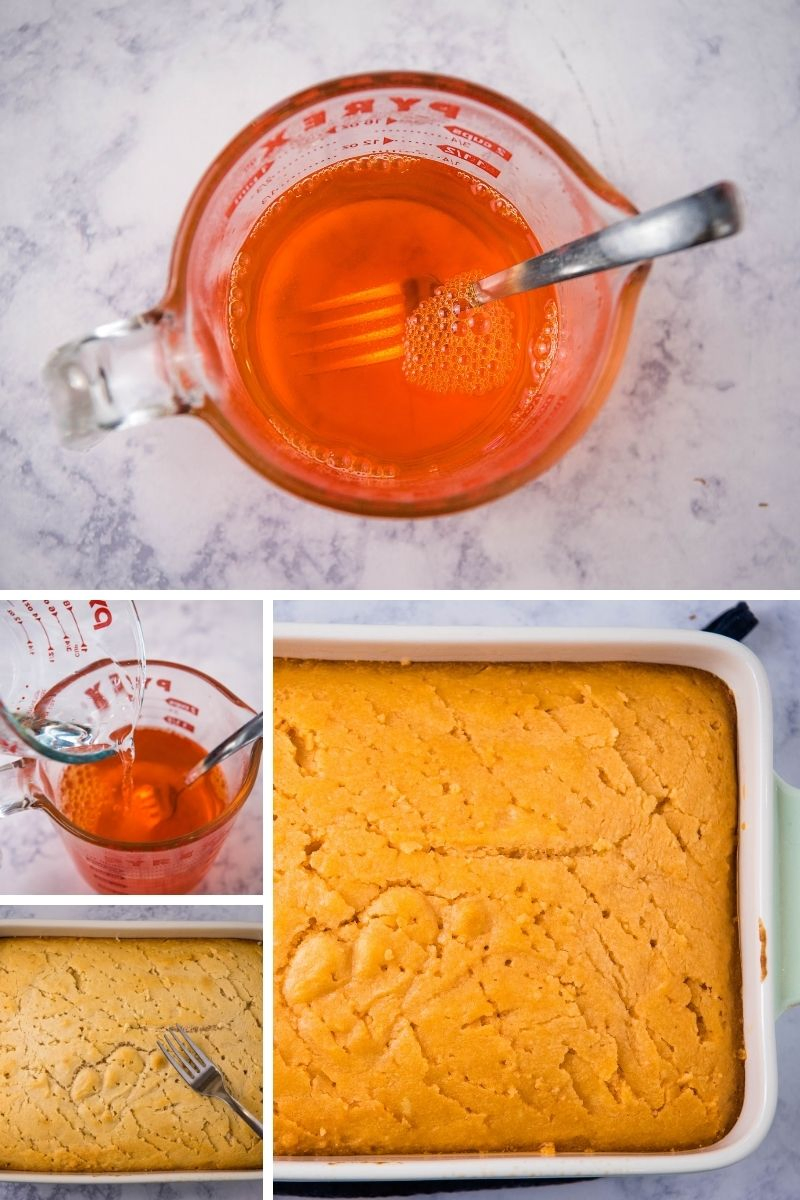 dissolving orange Jello in Pyrex measuring cup, poking holes in vanilla cake with fork, and orange Jello poured over cake to make Jello cake