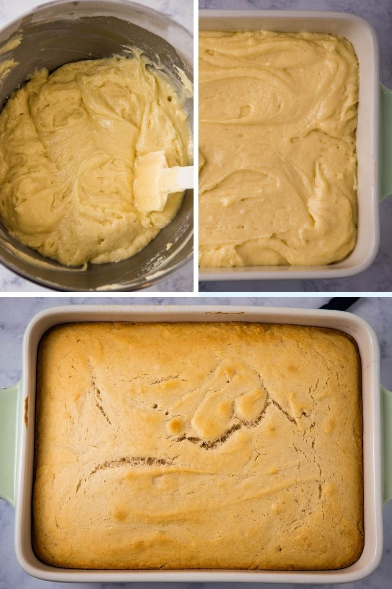 mixing up batter for vanilla cake mix, poured into mint green and white baking dish, and baked in pan