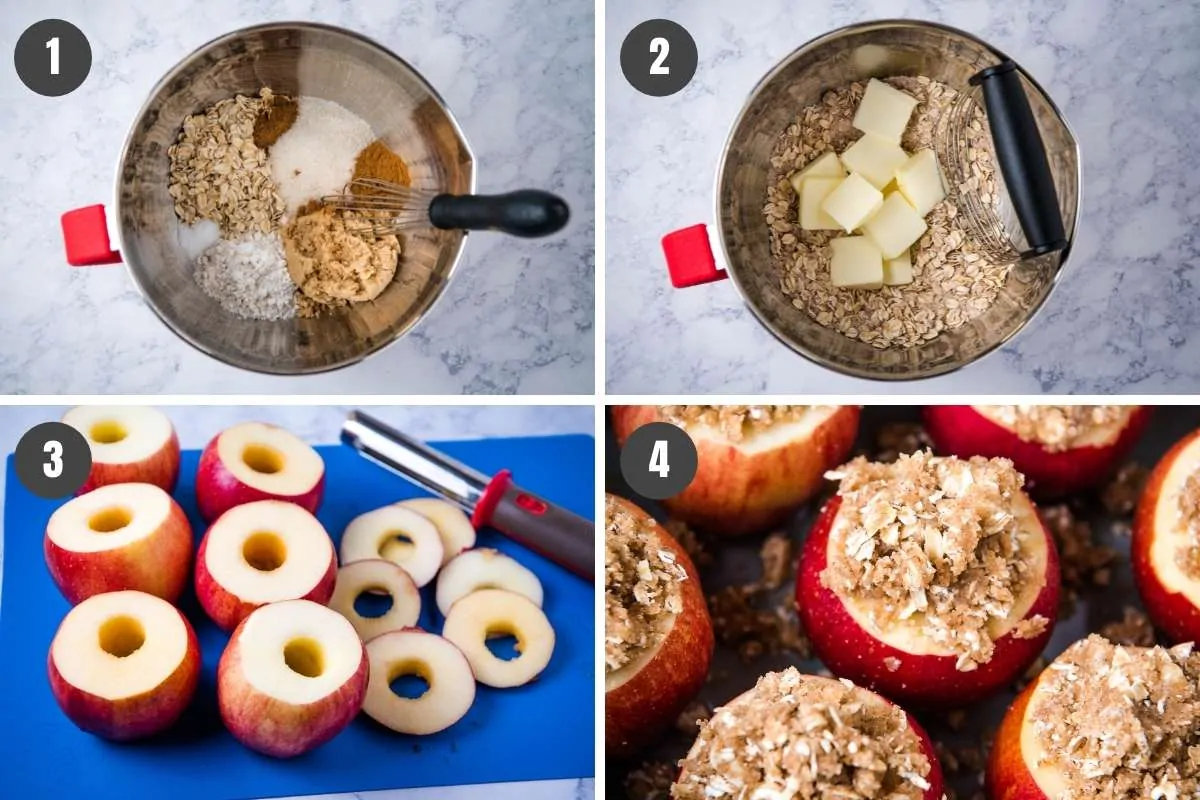 steps for how to make slow cooker baked apples, including mixing and coring and stuffing the apples
