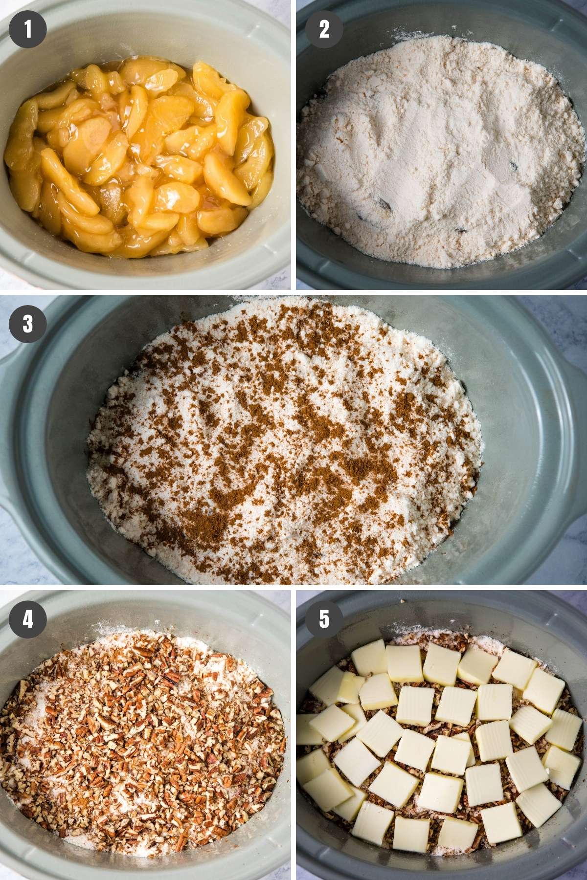 steps for how to make CrockPot apple dump cake, including layering ingredients in slow cooker