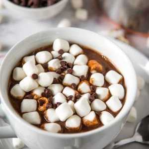 homemade hot chocolate with chocolate chips and marshmallows on a small gray saucer