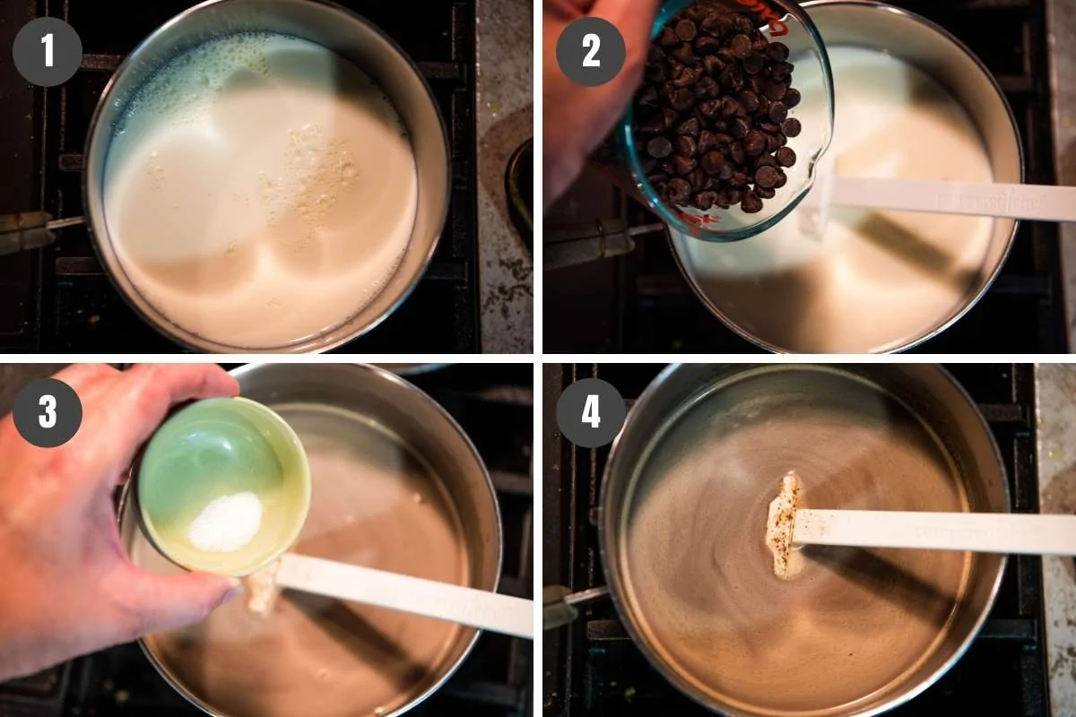 steps for how to make hot chocolate with chocolate chips in small saucepan