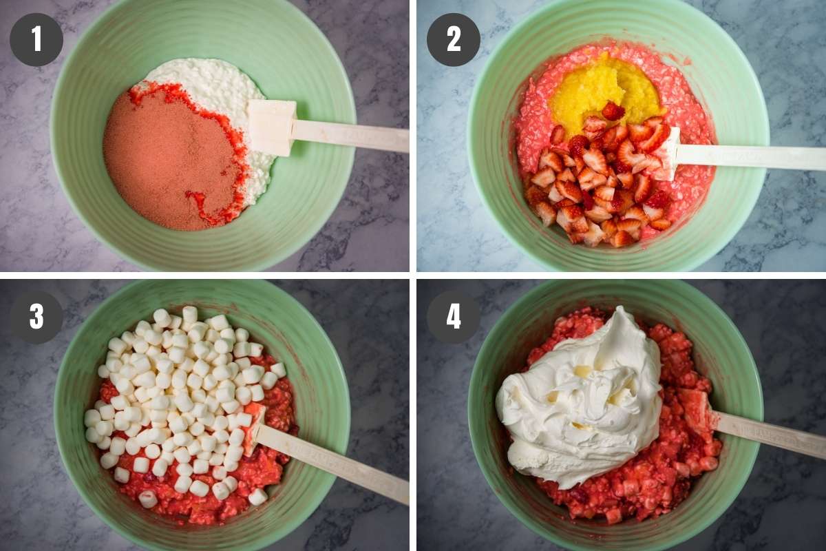 steps for how to make Jello cottage cheese salad in mint green bowl
