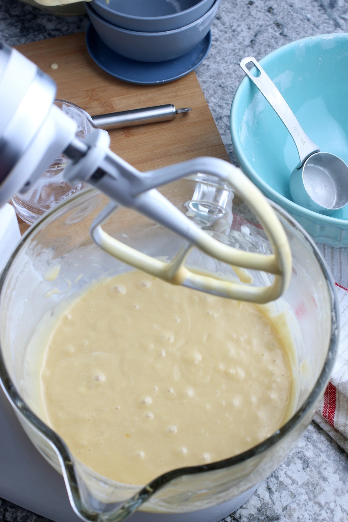 gluten-free cupcakes batter in glass bowl on stand mixer