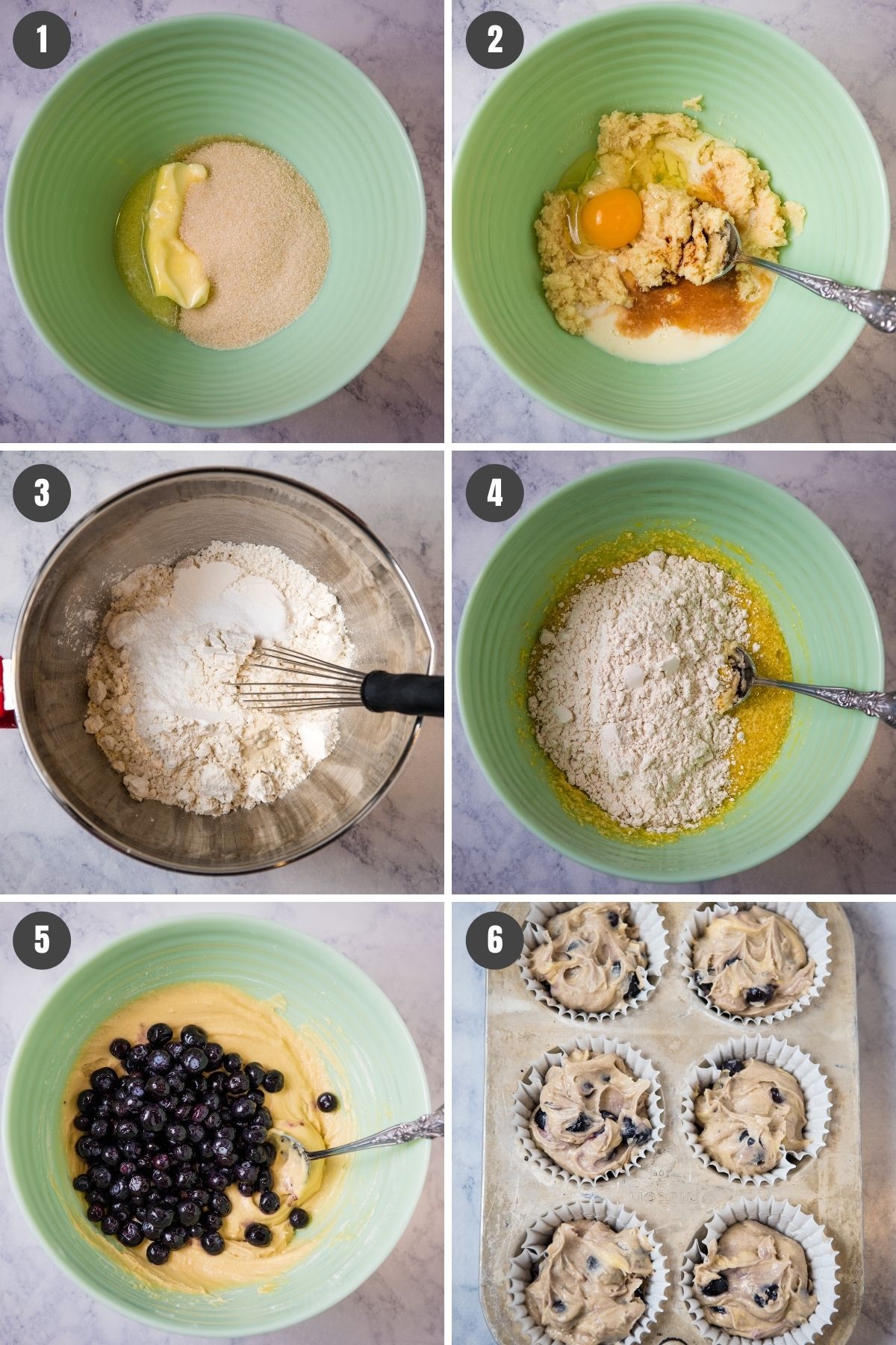 steps for how to make gluten-free blueberry muffins, mixing in mint green bowl, and spooning batter into muffin tin 
