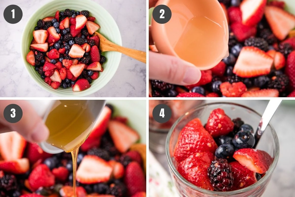 how to make mixed berry salad by mixing berries in a mixing bowl with lemon juice and honey