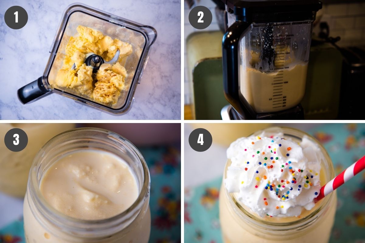 steps for how to make a homemade vanilla milkshake using a blender, then pour into mason jar and add toppings