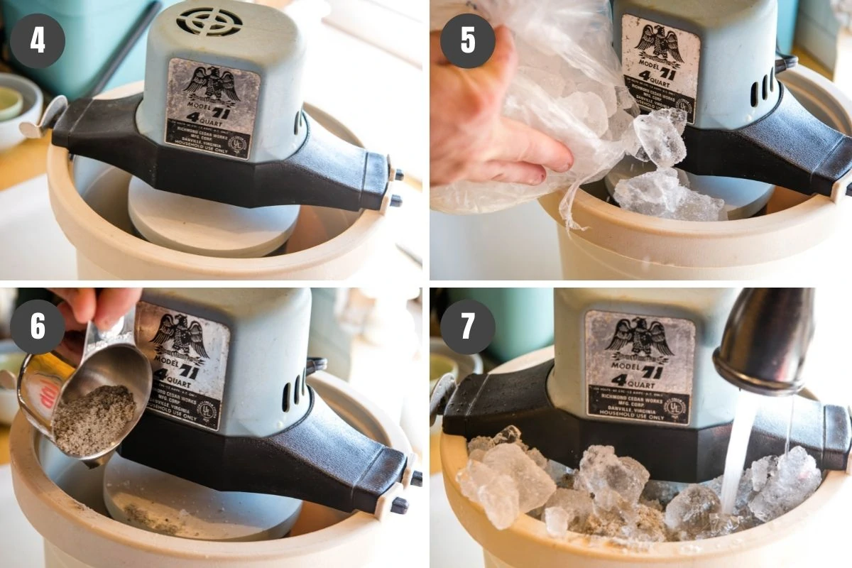 how to use an old-fashioned ice cream maker, including placing motor on top, adding ice and rock salt, then water if needed