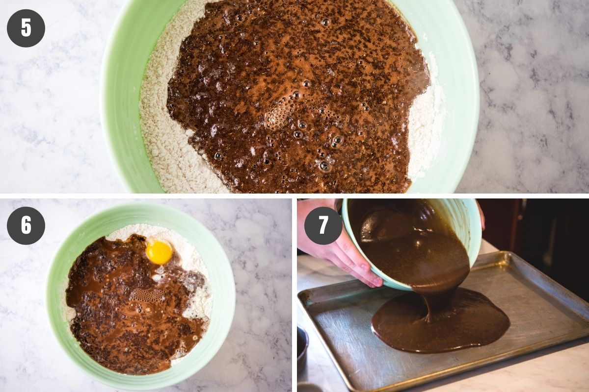 steps for how to make gluten-free Texas sheet cake batter and pour it into sheet cake pan