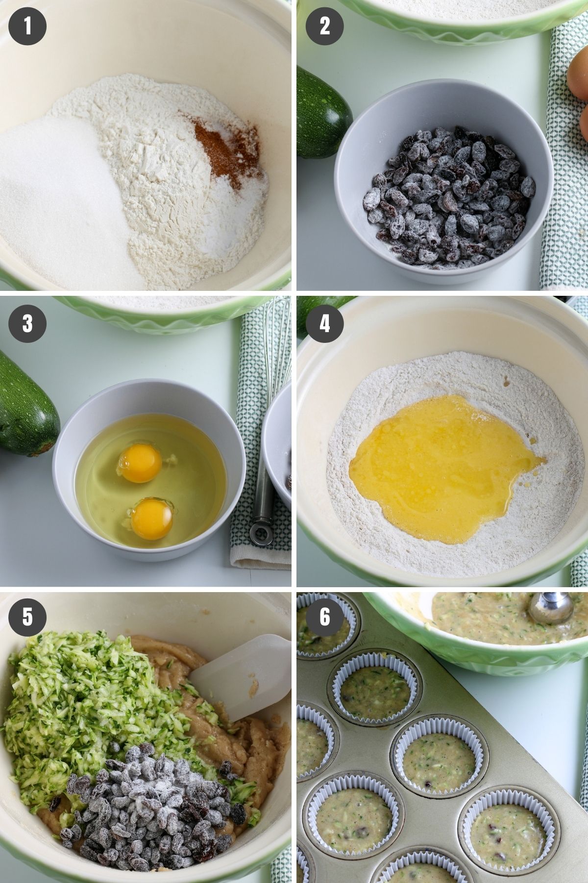 steps for how to make gluten-free dairy-free zucchini muffins by mixing and pouring into cupcake liners in a muffin tin