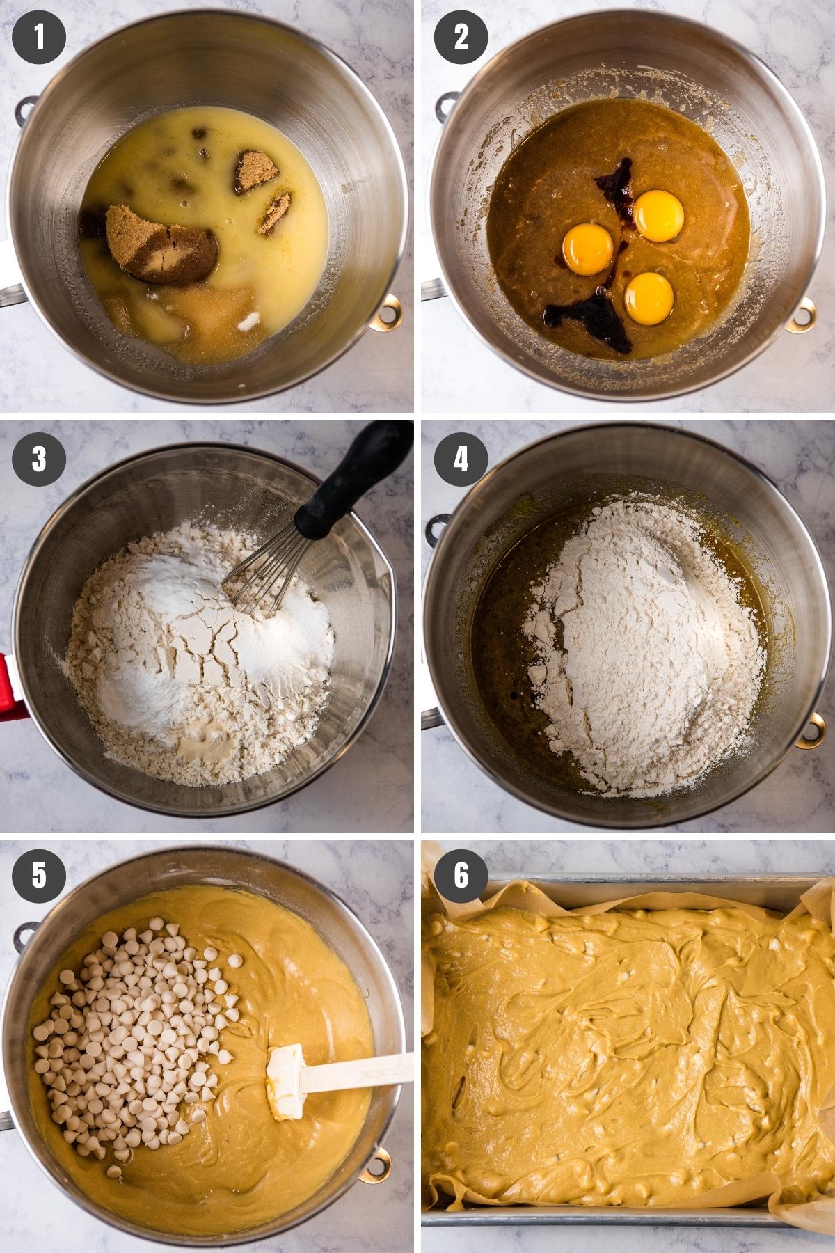 steps for how to mix gluten-free blondie batter in large stainless mixing bowl