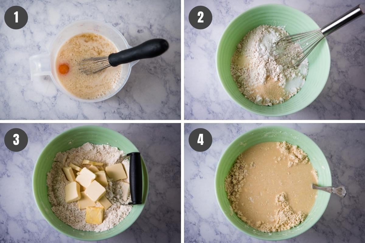 how to make gluten-free drop biscuits by mixing ingredients together in measuring cup and mint green mixing bowl on white marble countertop