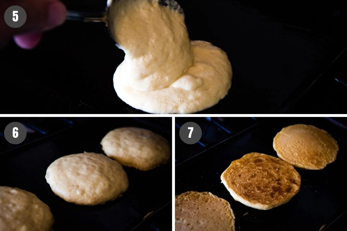 spooning pancake batter onto hot griddle, then cooking both sides of gluten-free pancakes 'til golden brown