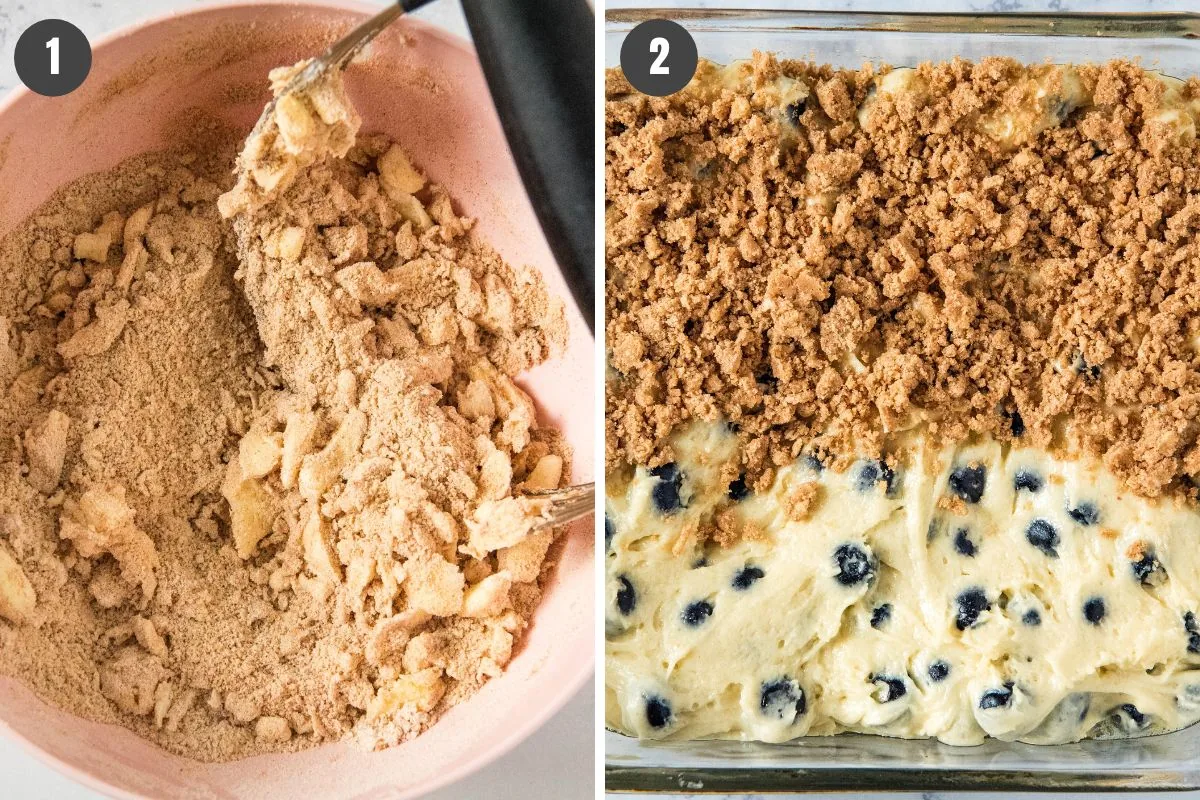 steps collage showing how to mix up and spread blueberry coffee cake brown sugar streusel topping
