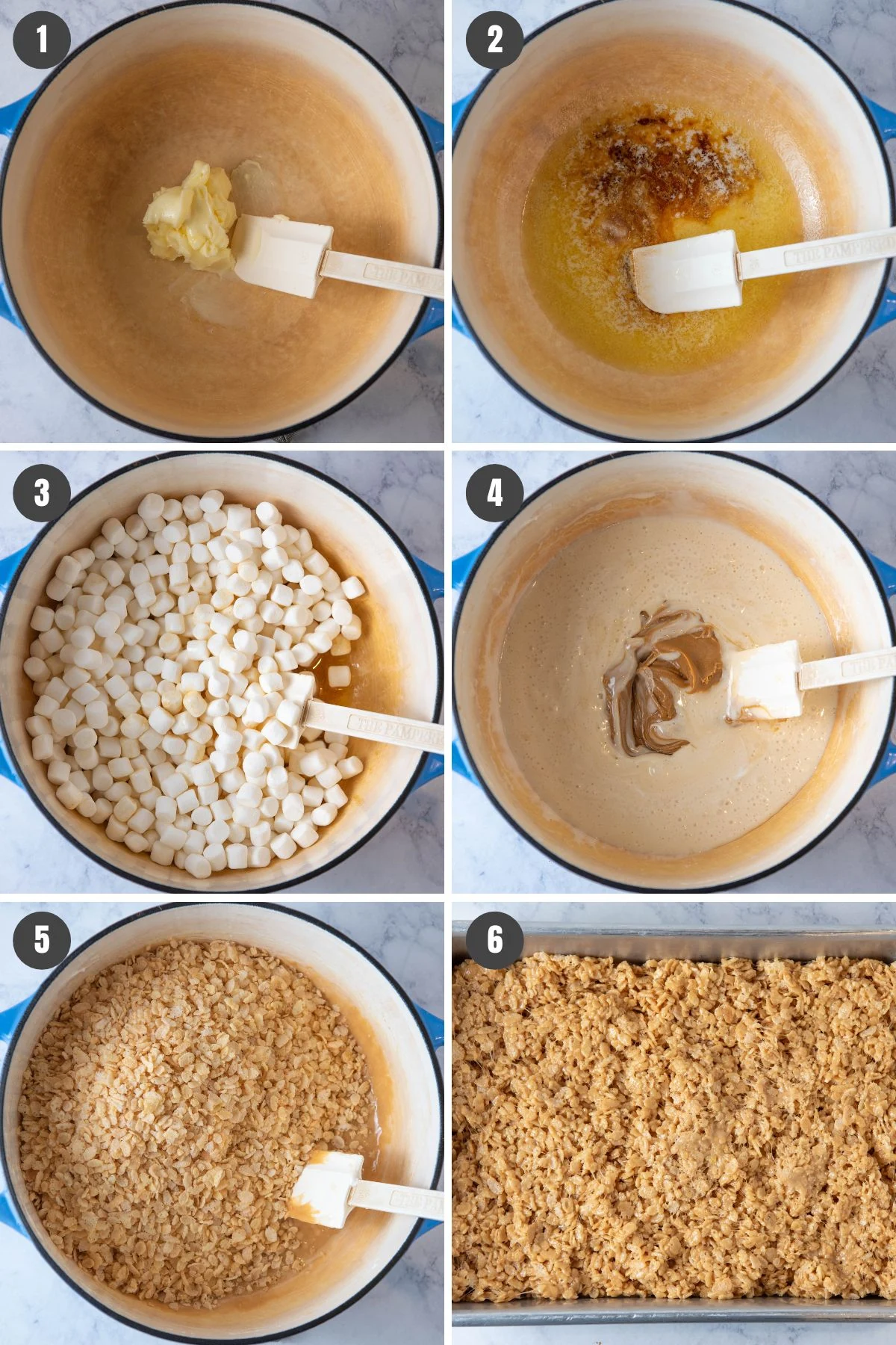 6 step photo collage showing how to make chocolate peanut butter Rice Krispie treats