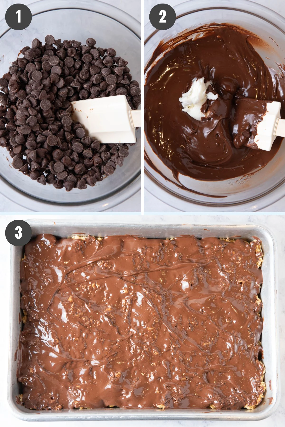 3 step photo collage showing how to make chocolate covering for peanut butter and chocolate Rice Krispie treats
