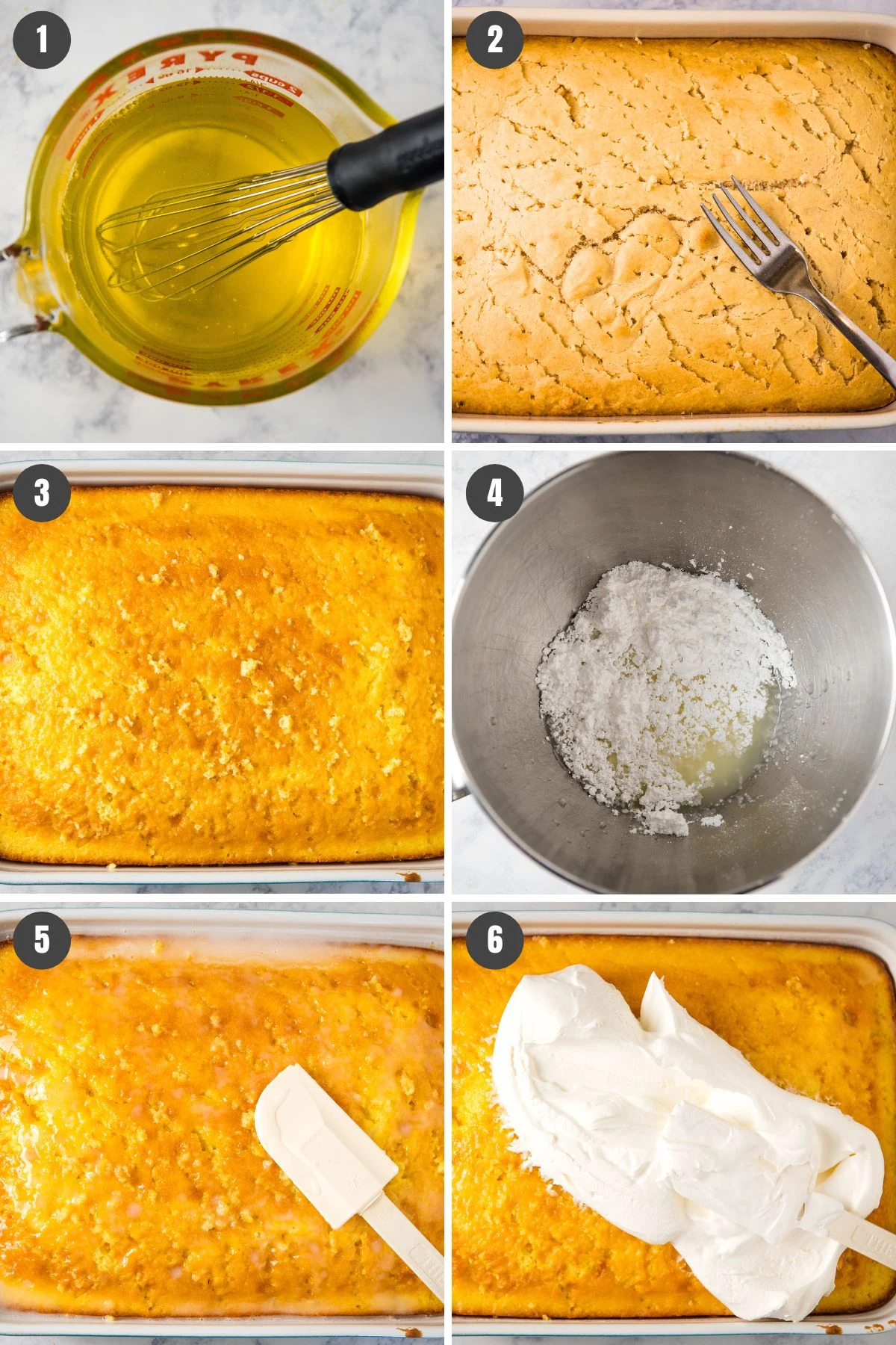 6 step collage showing how to make lemon Jello poke cake recipe
