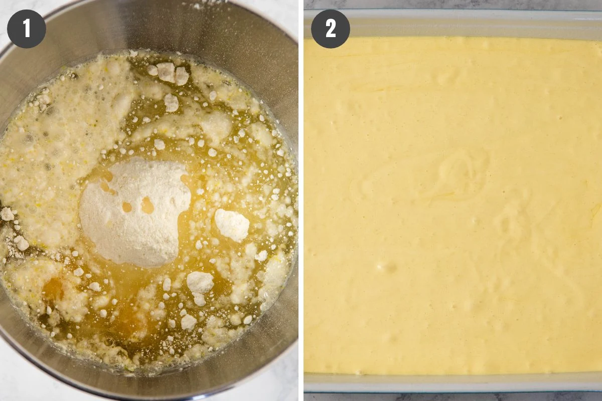2 step collage showing how to make lemon poke cake recipe