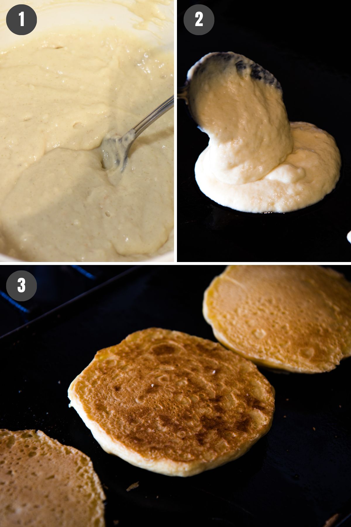 3 step photo collage showing how to make and cook homemade pancakes from homemade pancake mix on a large black cast iron griddle