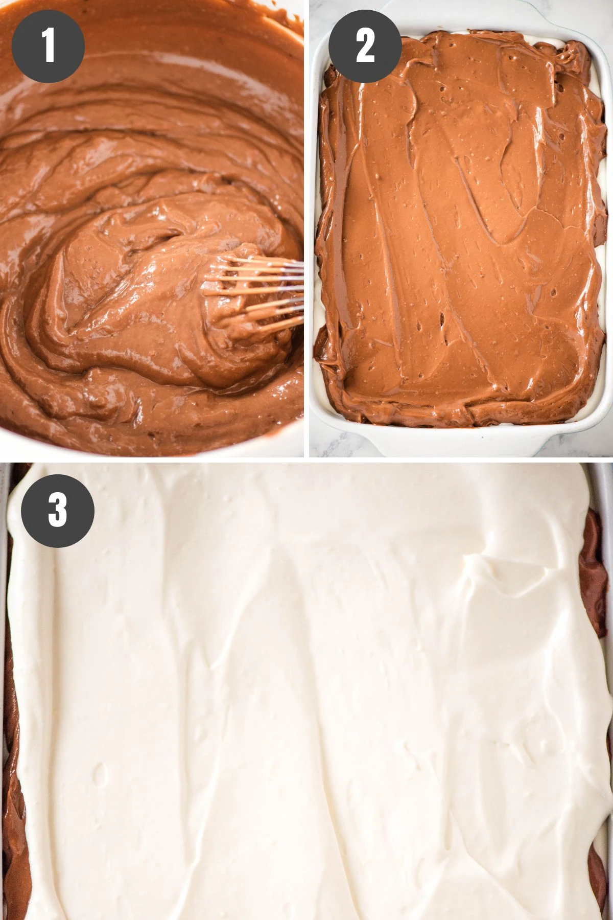 3 step collage showing how to make chocolate delight dessert