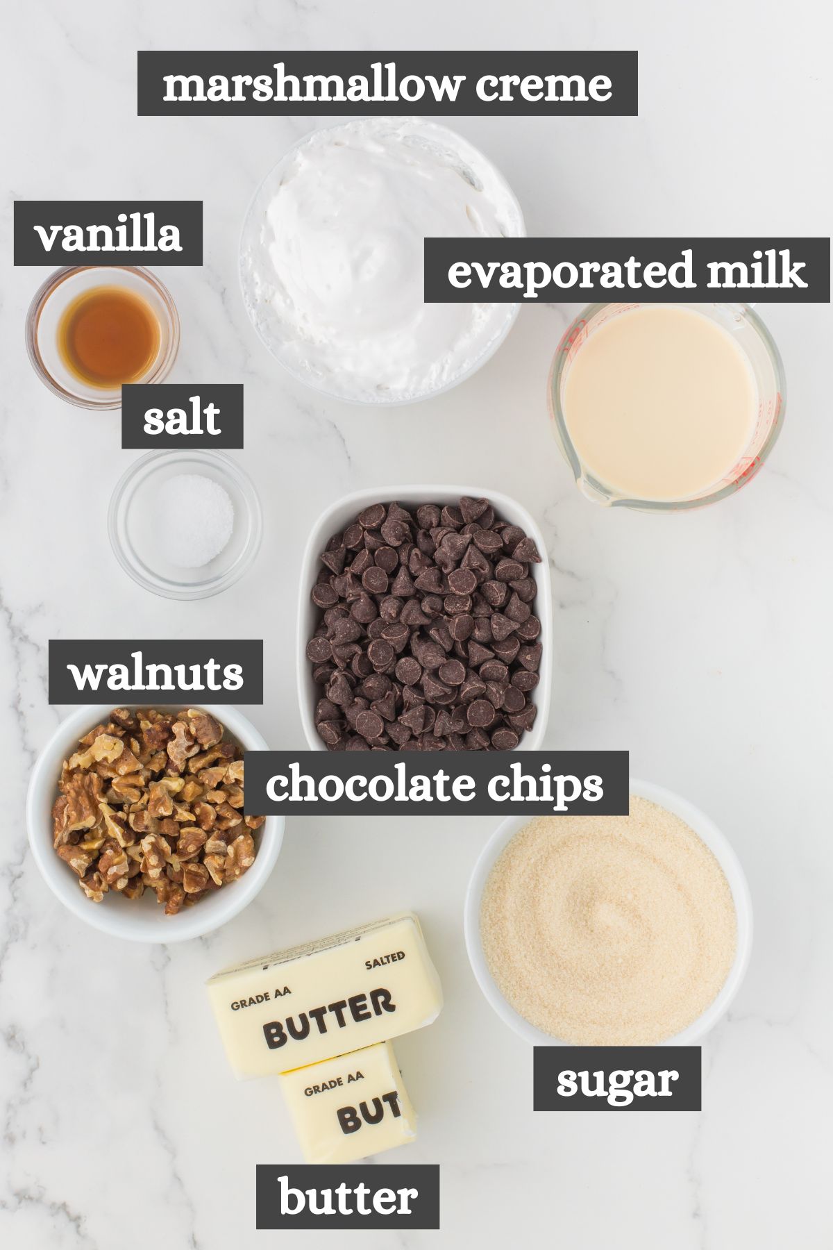 fantasy fudge recipe ingredients lined out on a white countertop