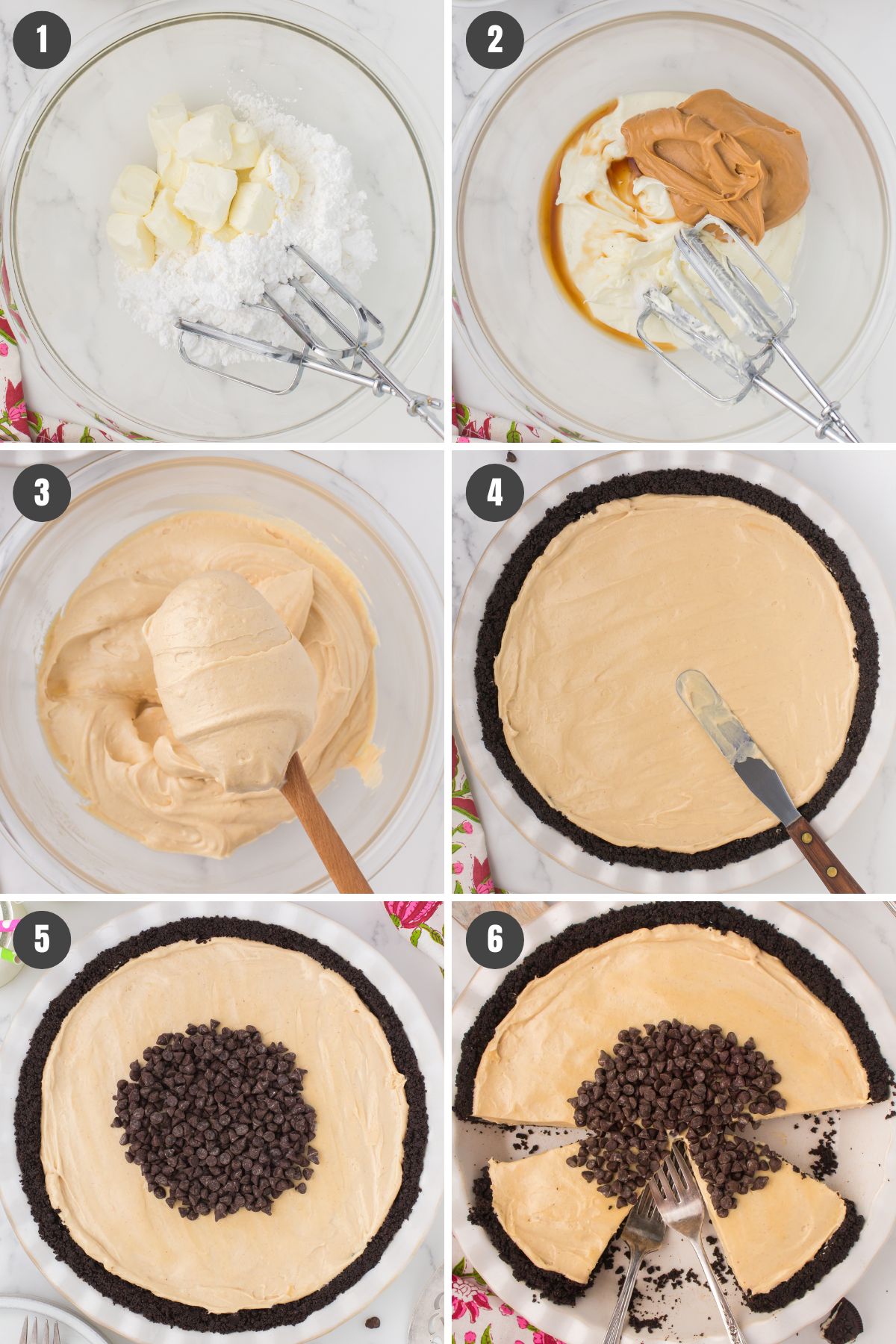 6 step photo collage showing how to make no bake peanut butter pie recipe