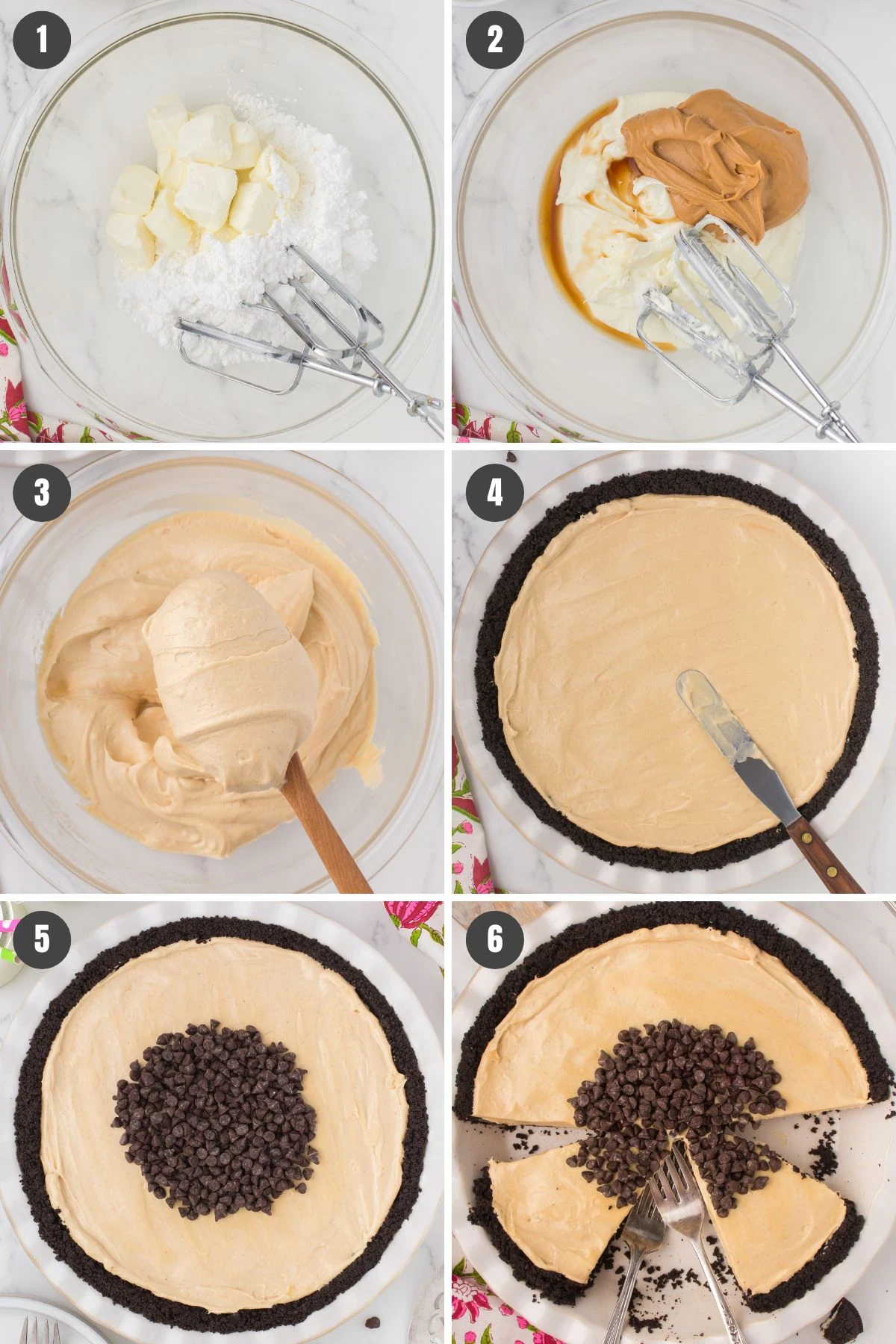 6 step photo collage showing how to make no bake peanut butter pie recipe