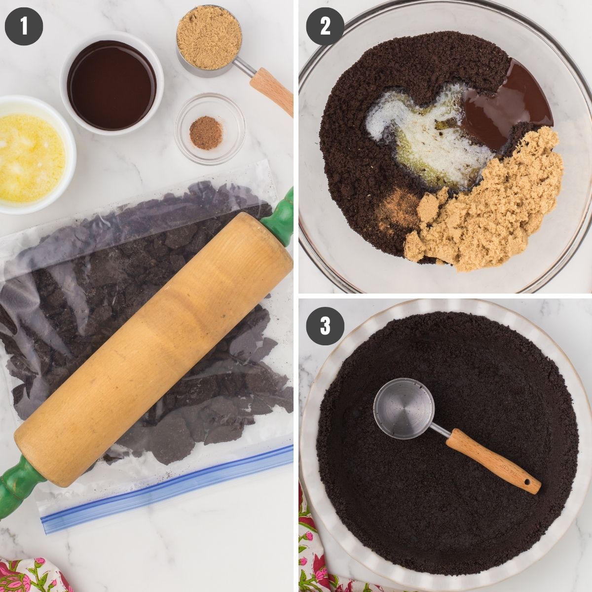 3 step photo collage showing how to make no bake peanut butter pie with Oreo cookie crust
