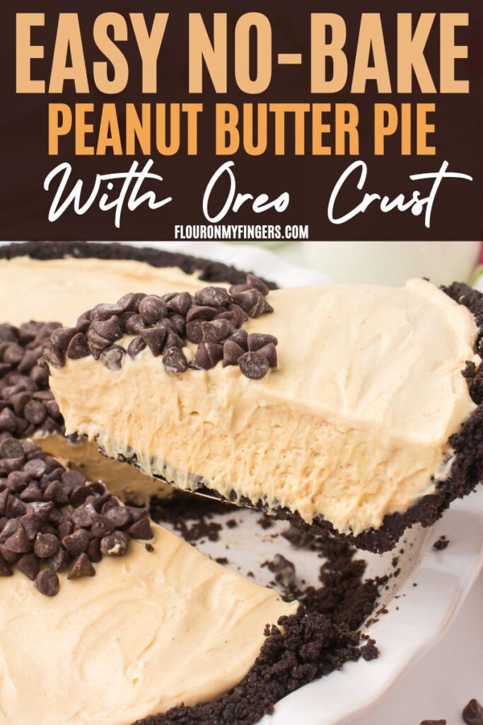 photo pin showing sliced wedge of easy no-bake peanut butter pie with an Oreo crust in a white pie plate