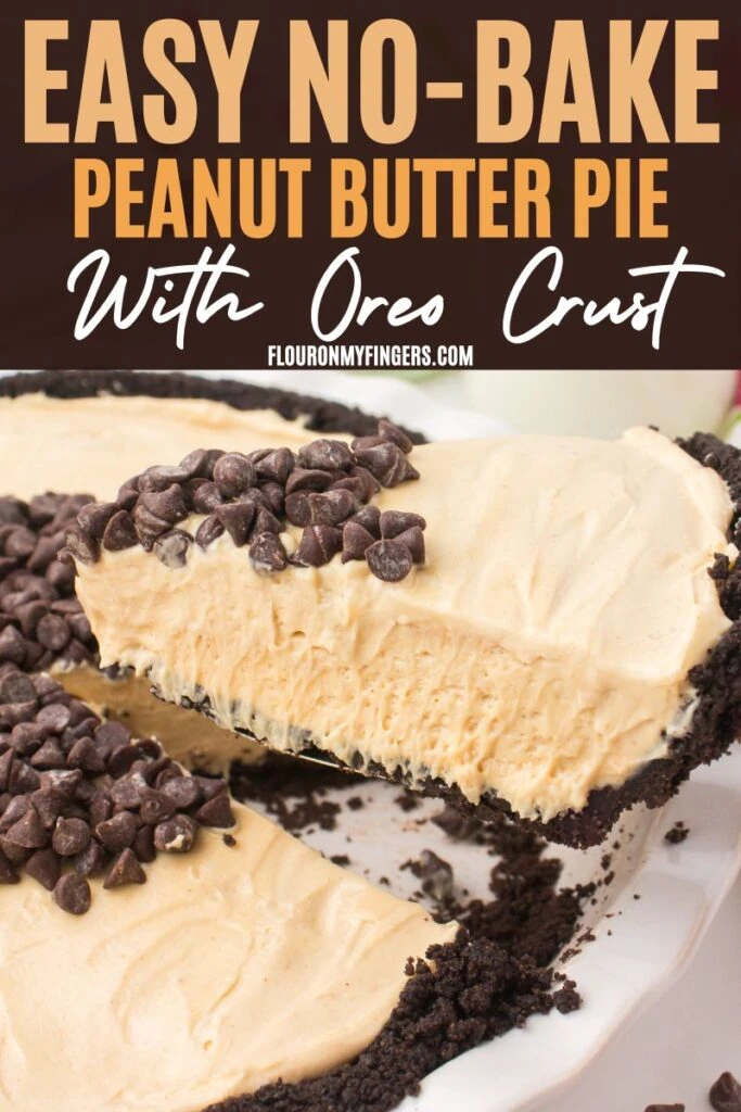 photo pin showing sliced wedge of easy no-bake peanut butter pie with an Oreo crust in a white pie plate