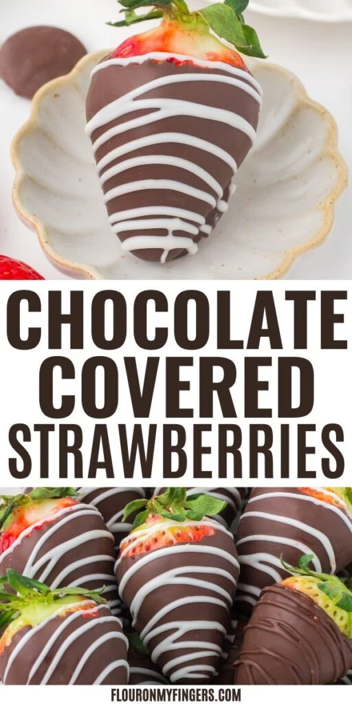 2 photo pin showing, top: closeup on a chocolate covered strawberry with a white chocolate drizzle; bottom: chocolate covered strawberries piled up with a white chocolate drizzle