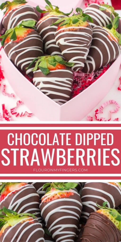 2 step photo pin showing, top: pink heart-shaped box full of chocolate dipped strawberries; bottom: chocolate dipped strawberries with a white chocolate drizzle