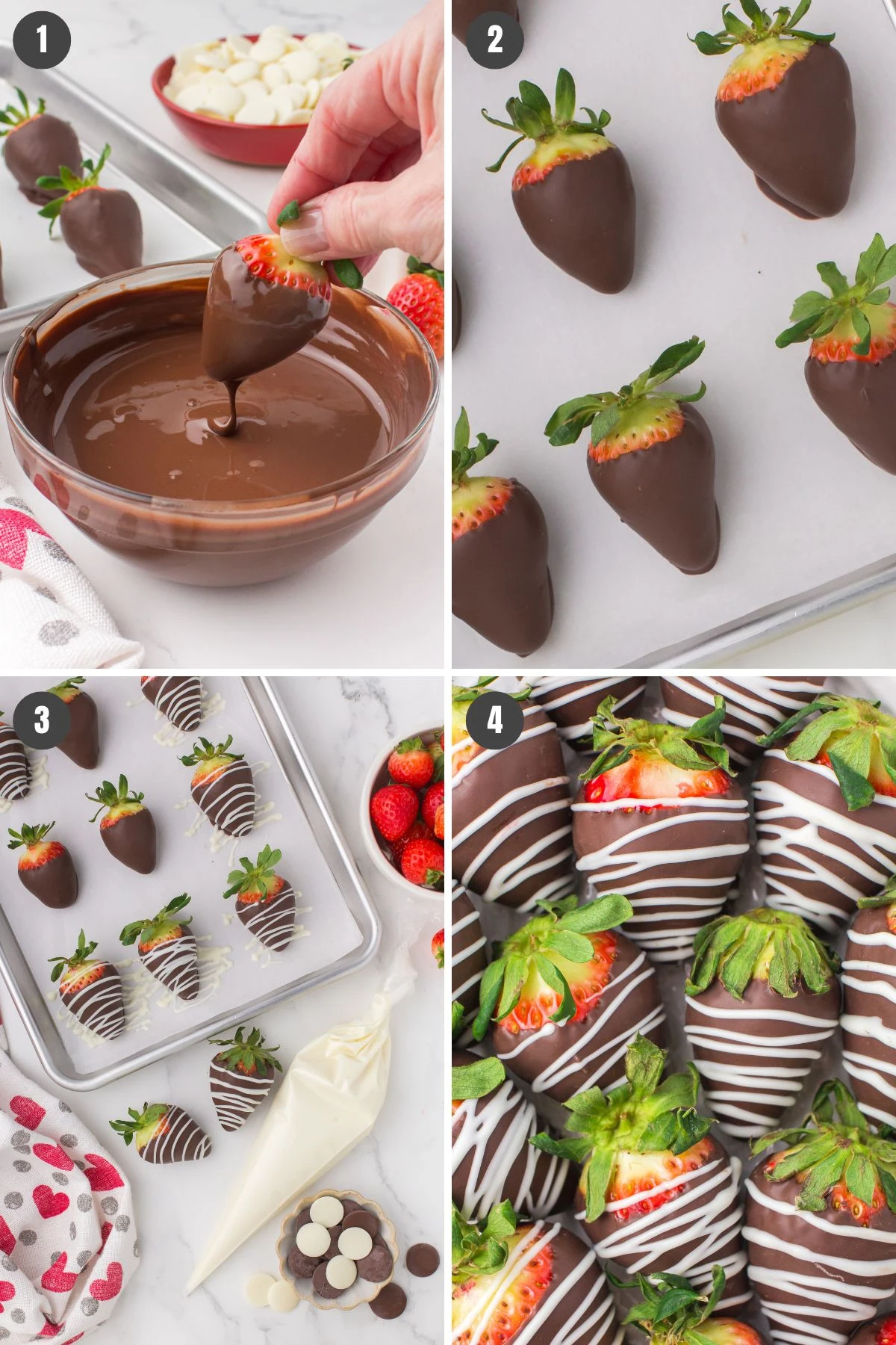 4 step photo collage showing how to make chocolate covered strawberries with a white chocolate drizzle on top