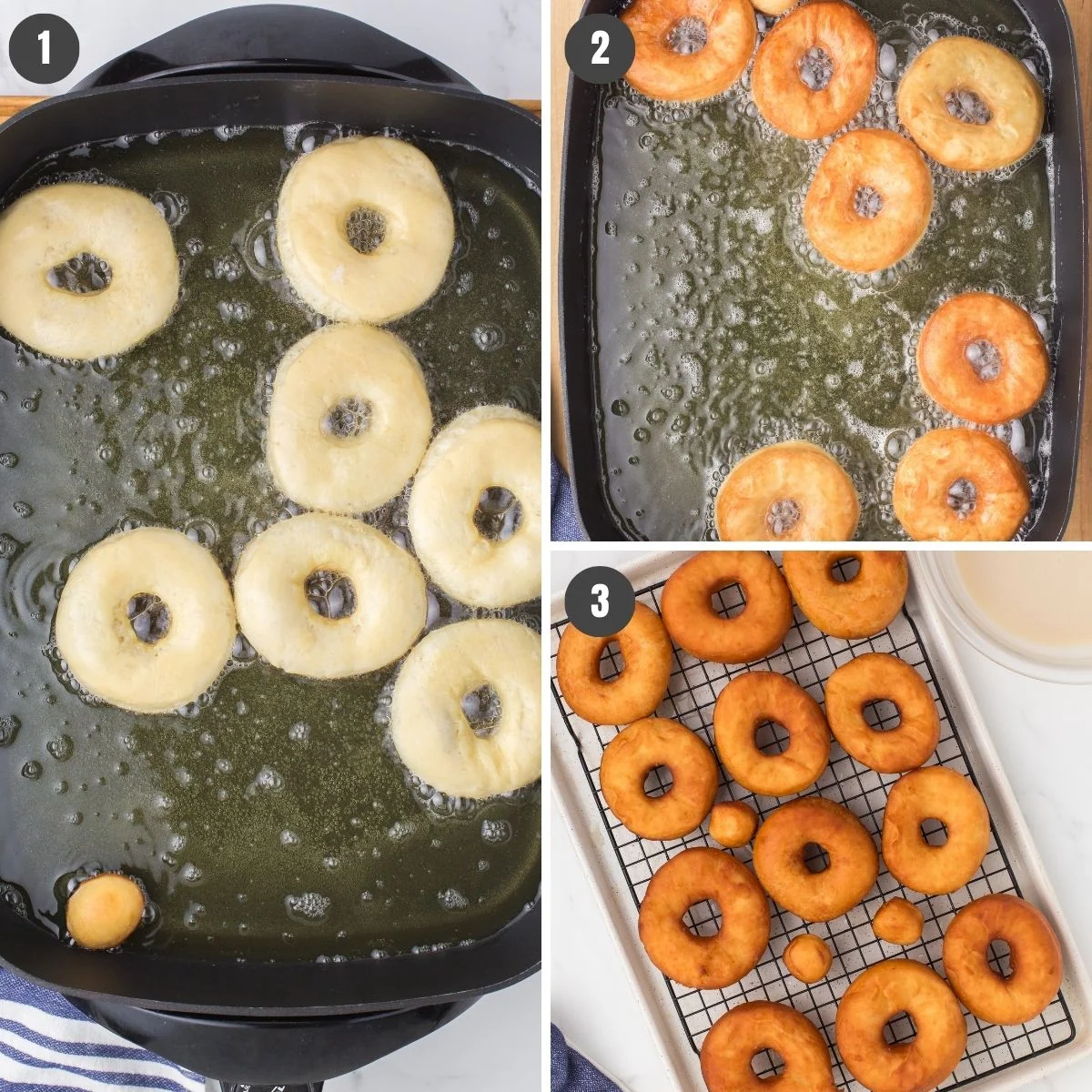 3 step photo collage showing how to fry classic glazed donuts in oil in an electric skillet