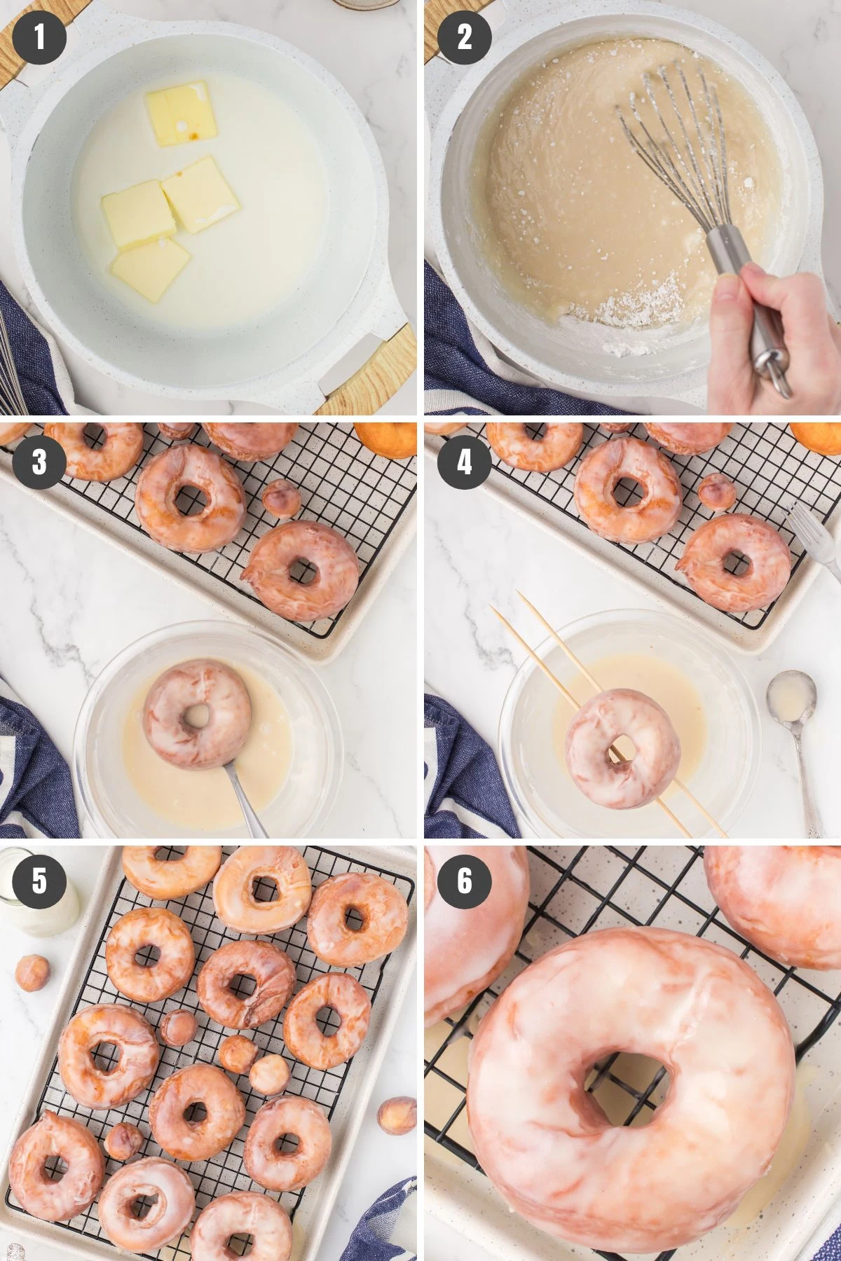 6 step photo collage showing how to make perfectly round homemade glazed donuts