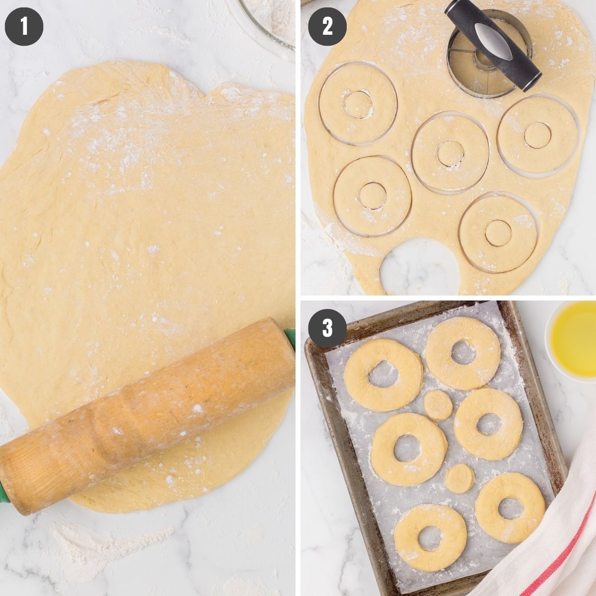 3 step photo collage showing how to roll out and cut out old fashioned glazed donuts