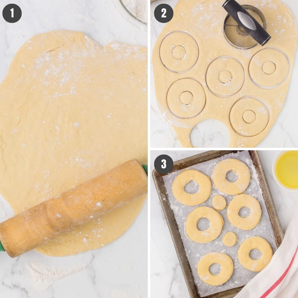 3 step photo collage showing how to roll out and cut out old fashioned glazed donuts